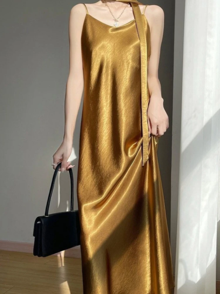French Elegant Satin Camis Dress Women Summer Loose with Ribbon Midi Dress Female Fashion Aesthetic Party Evening Slip Dress view 4