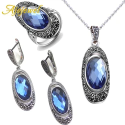 Ajojewel Egg Shaped Blue Crystal Jewelry Sets For Women Silver-color Vintage Necklace Earrings Ring Rhinestone