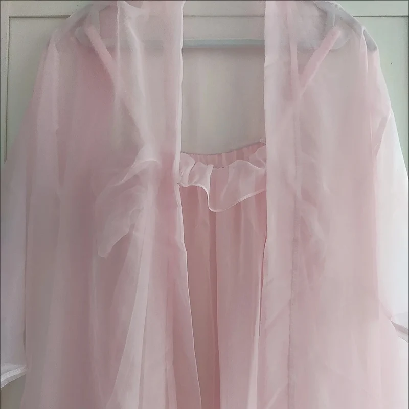 Women Sexy Lingerie Pink See-Through Chiffon 2pcs Sleepwear Set Ruffle Camisole Nightgown & Long Sleeve Robe Soft Nightdress