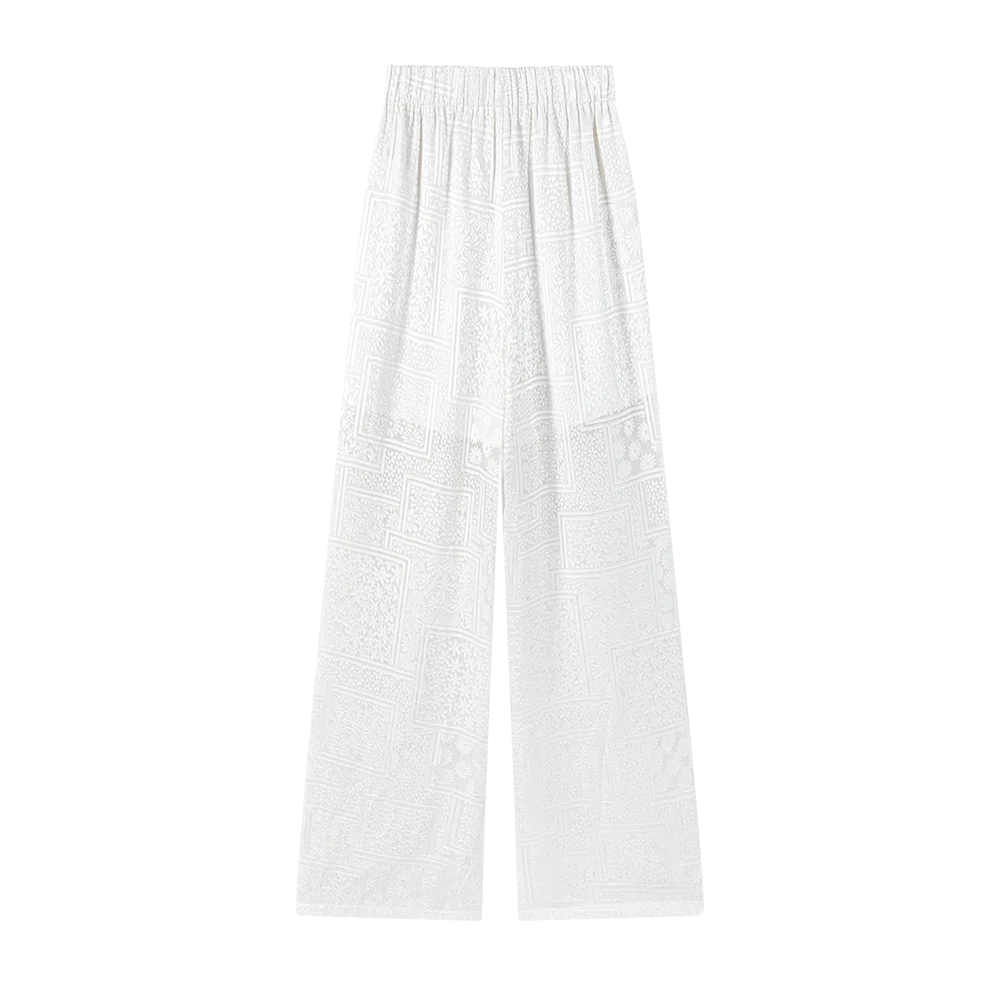 White Cut Flower Fairy Pants Elastic Waist Straight Pants for Women