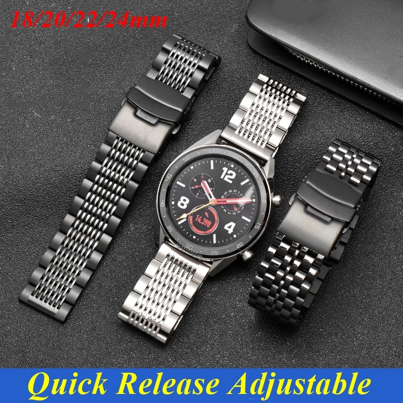 18/20/22/24 мм твердый матовый ремешок для часов из нержавеющей стали, регулируемый браслет из бисера для Huawei Samsung Garmin, ремешок-цепочка для умных часов