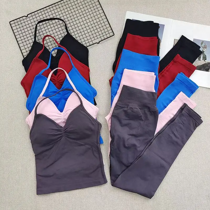 

2-Piece Yoga Set Ladies Gym Training Leggings and Neck Tank Yoga Fitness Seamless Set Pilates Clothes Workout Sportswear