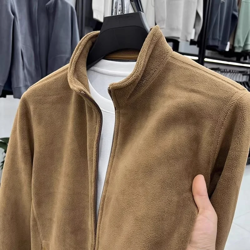 Double-Sided Fleece Zip-Up Hoodie Men's Warm Stand Collar Jacket Outerwear Casual Loose Fit Long Sleeve Polyester 