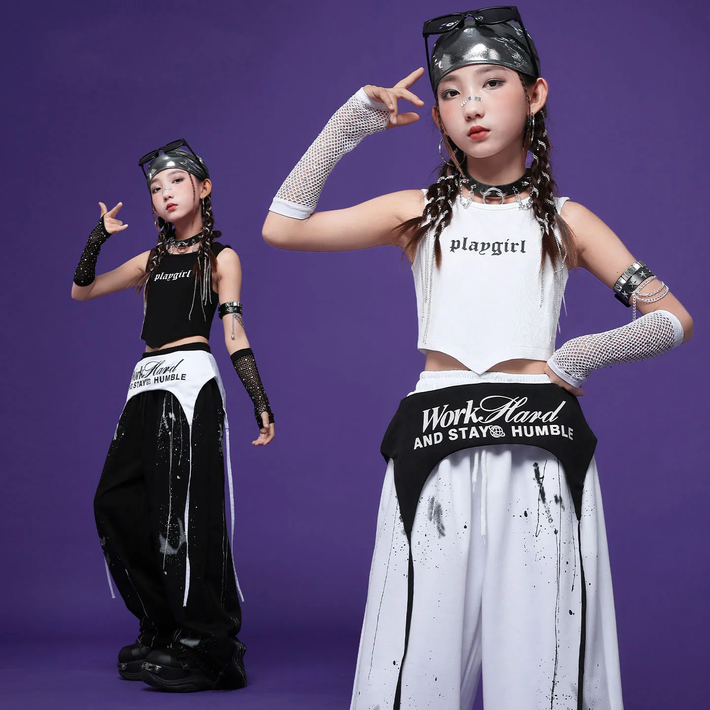 Kid Kpop Hip Hop Clothing White Black Irregular Hem Crop Tank Top Casual Ink Print Sweat Pants for Girl Dance Costumes Clothes