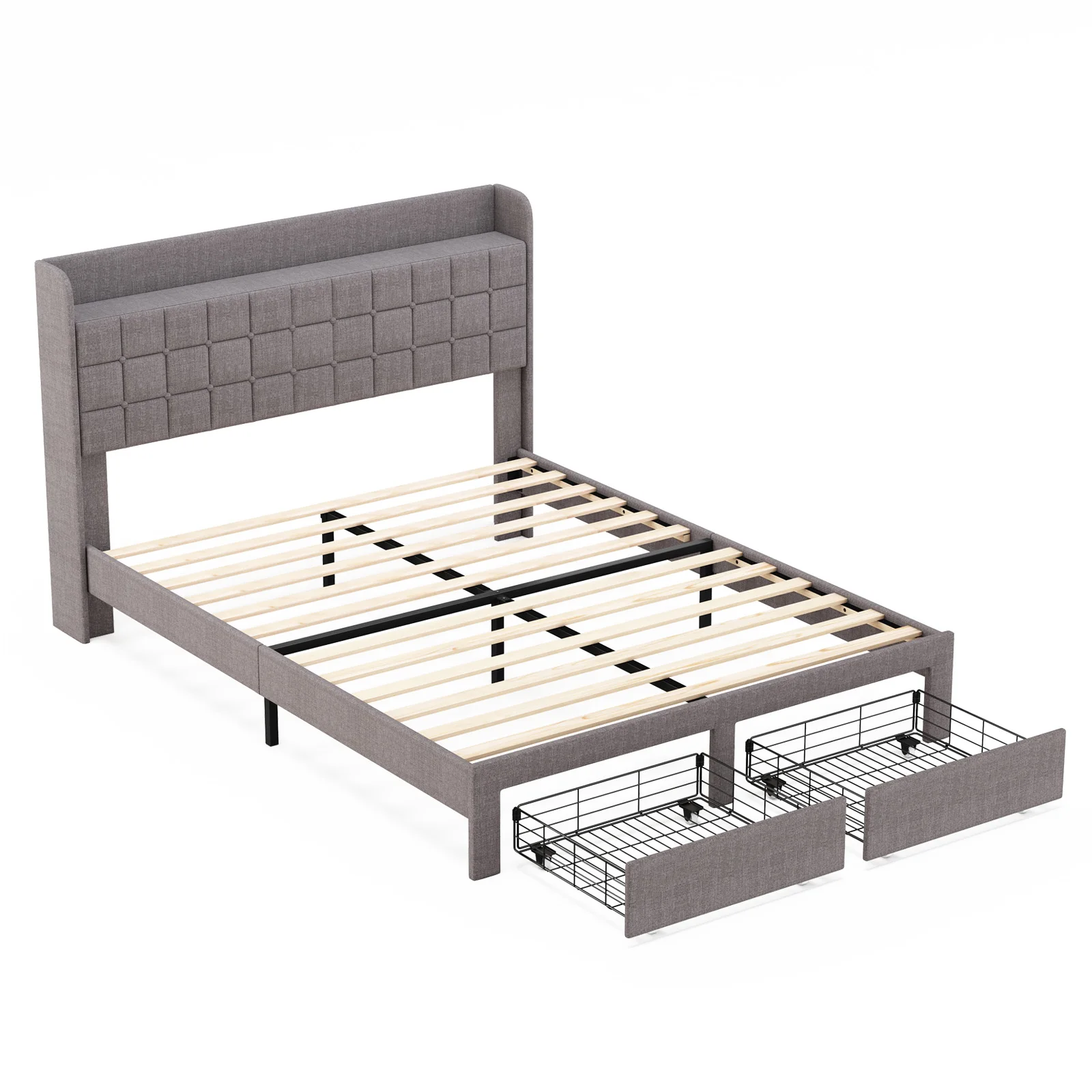 #￥forJHK Wood Bed Frame with 2 Storage Drawers Fabric Headboard Upholstered Platform Bed Frame Wooden Slats