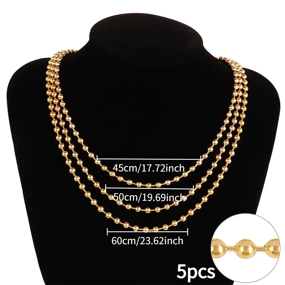 5pcs Ball Chain Necklace Stainless Steel 2mm Vintage Luxurious Versatile Basic Chain 45/50/60cm Suitable for Daily & Party Wear