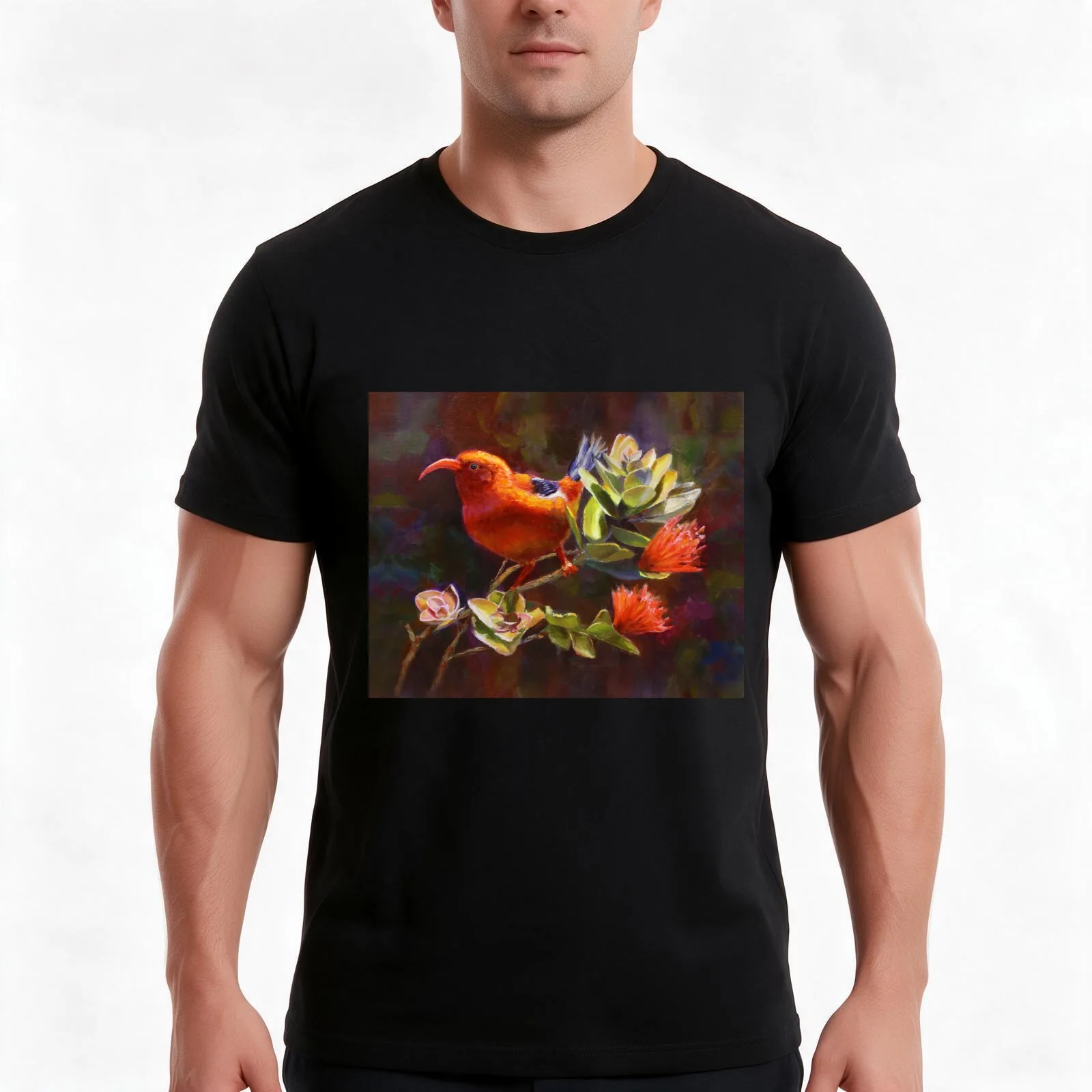 Hawaiian Iiwi bird and Red Ohia Lehua Flowers - Tropical Wildlife T-Shirt Summer Casual Cotton Tee Oversized Streetwear Tops
