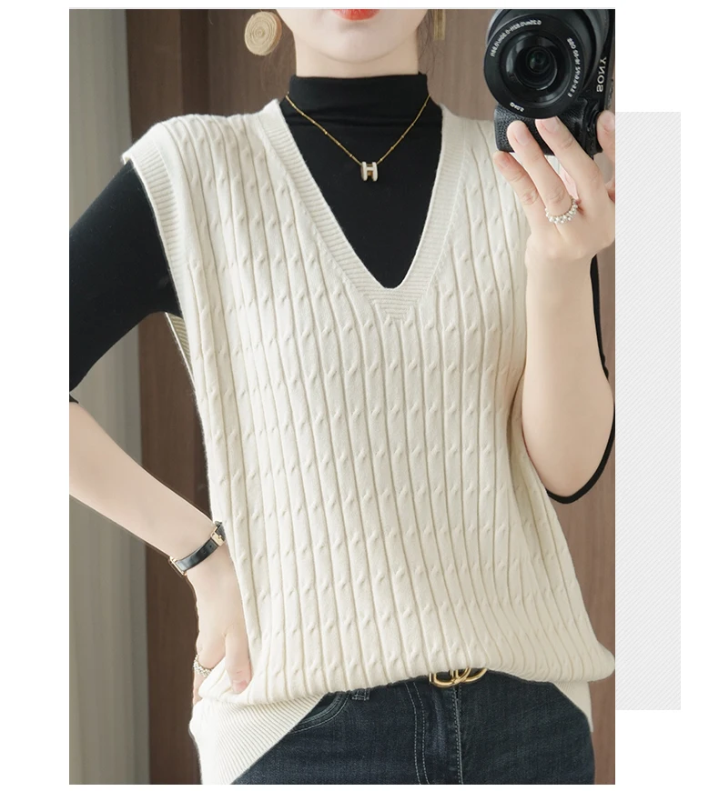 Customization Women Sweater Vest 2026 New Fashion Korean Knitted Vest Solid V-neck Autumn Winter Casual Warm Soft Undershirt Loo