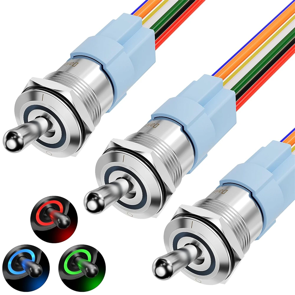 Waterproof Toggle Switch Lighted 12V IP67 LED RGB Red Green Blue 16mm Pre-Wired for Car Boat Marine 3Pcs