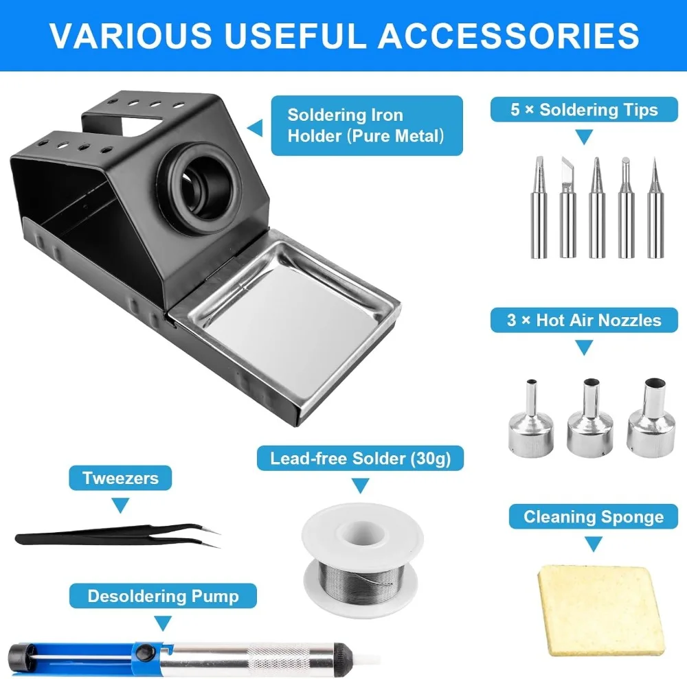 2-in-1 Soldering Iron Hot Air Station Kit, Digital Display Temperature Control, 700W Power for Circuit Board Repair