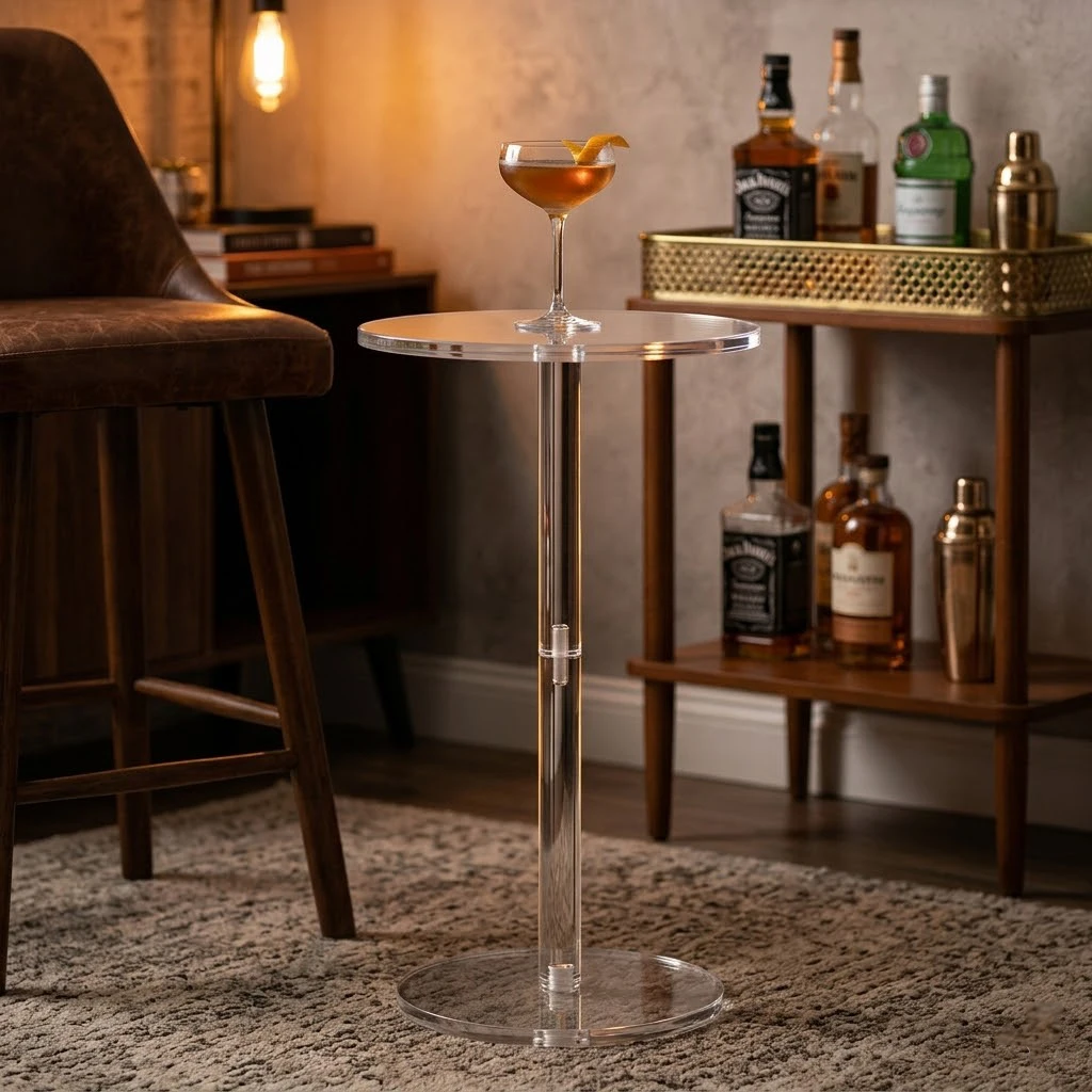 

Clear Acrylic Drink Table for Small Spaces, 23.6 Inch Tall Round Side Table for Living Room Bedroom, Modern Slim Sofa Couch Accent End Table, Space Saving, Easy Assembly
