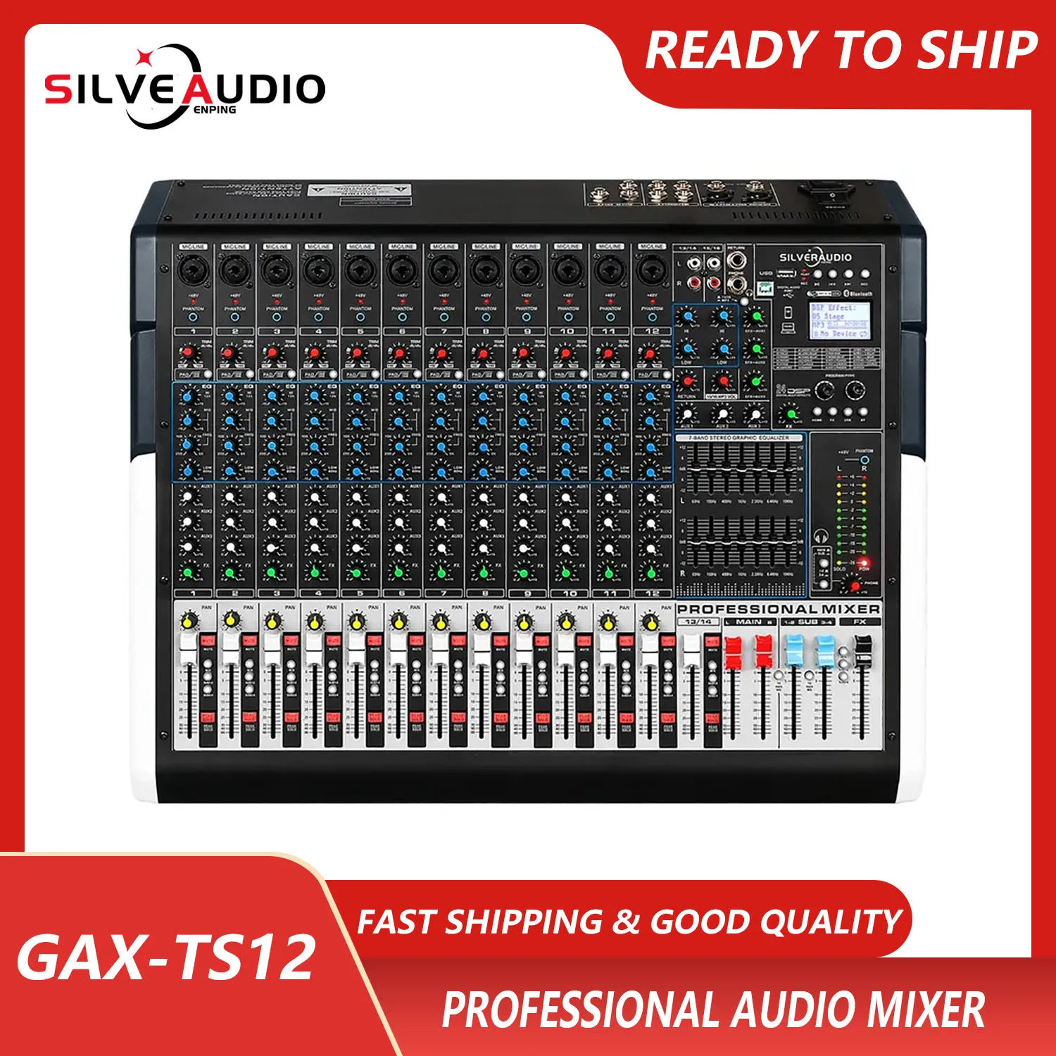 GAX-TFS12 Professional 12 Channel DJ Sound Audio Mixer 24 DSP Effector Stage Controller Dual 7-Segment Equalizer Mixing Console