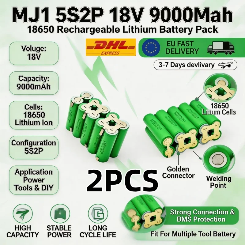 Pacco batterie agli ioni di litio 18650, 5S2P, 18V, 9000mAh, modello MJ1, batteria ricaricabile di ricambio per utensili elettrici, batteria per assemblaggi fai-da-te, spedizione rapida da magazzino