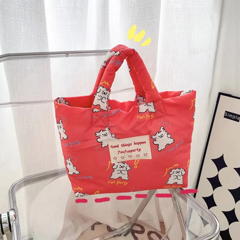 Bolso de mano acolchado de algodón con diseño de perro de dibujos animados, bolsa de hombro de flores de gran capacidad para mamá, tulipanes, estilo coreano, escuela