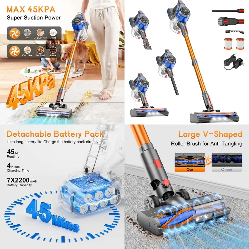 

Беспроводной пылесос 45Kpa, 45 минут работы, индикатор заряда батареи, защита от наматывания волос, настенное зарядное устройство, идеально подходит для твердых полов, ковров, паркета.