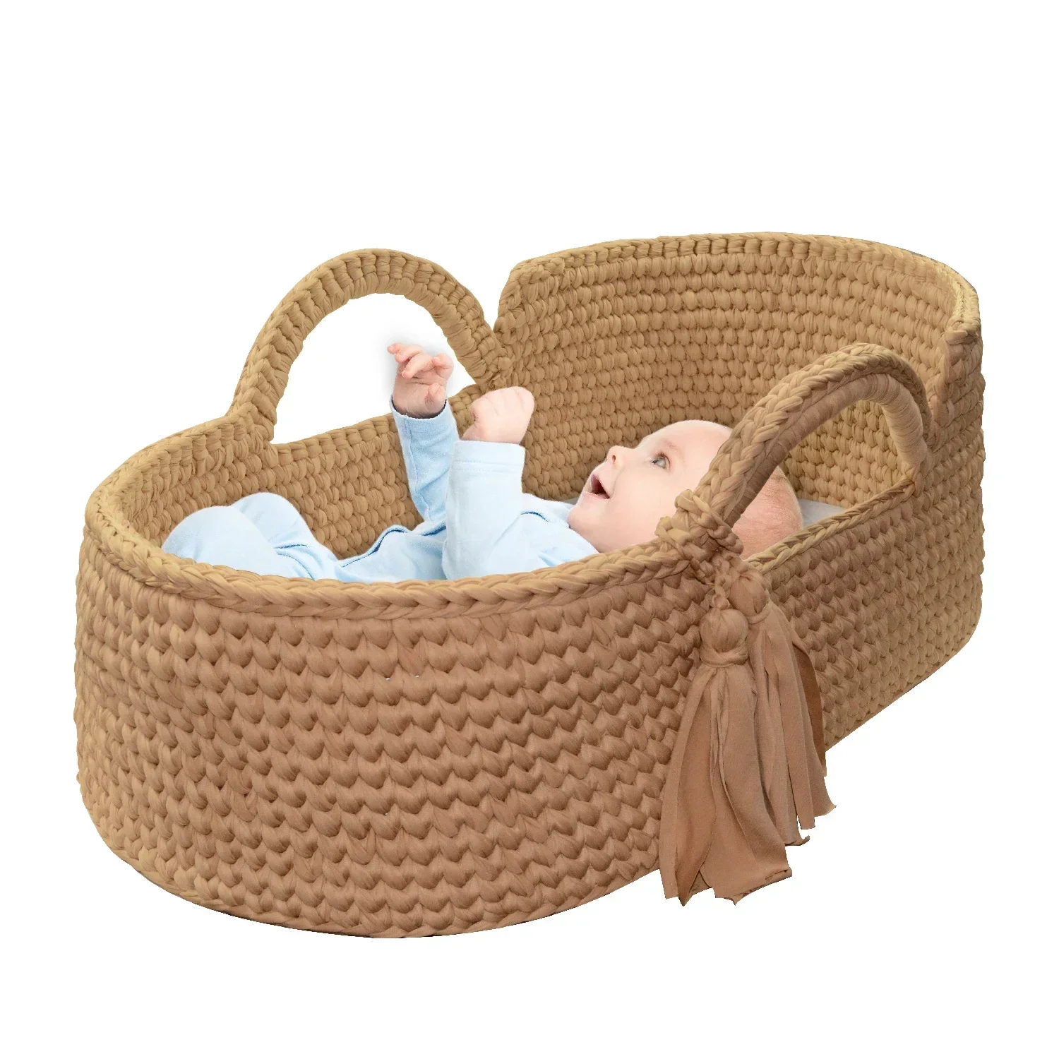 HandWoven Beige Cradle Crochet Baby Bassinet Moses Basket Boho Baby Basket Newborn Lounger with Stand and Mattress