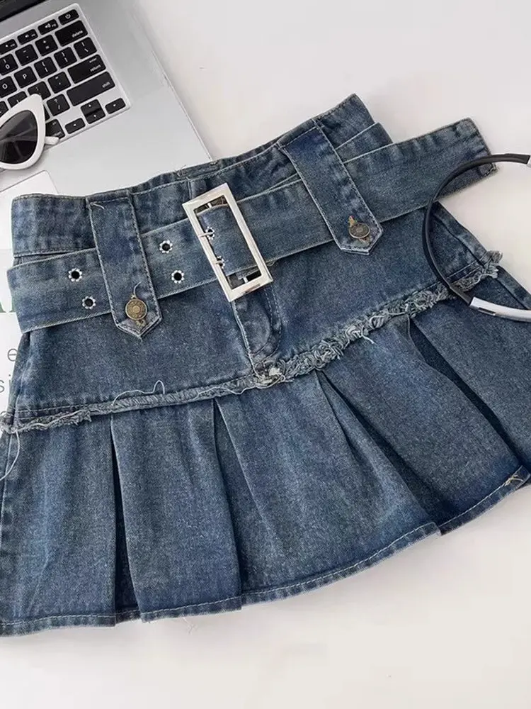 

Sweet Cool Spicy Blue Denim Skirt High Waist A-Line Pleated Slimming Women's Casual Faion Commute Cotton Jeans Skirt
