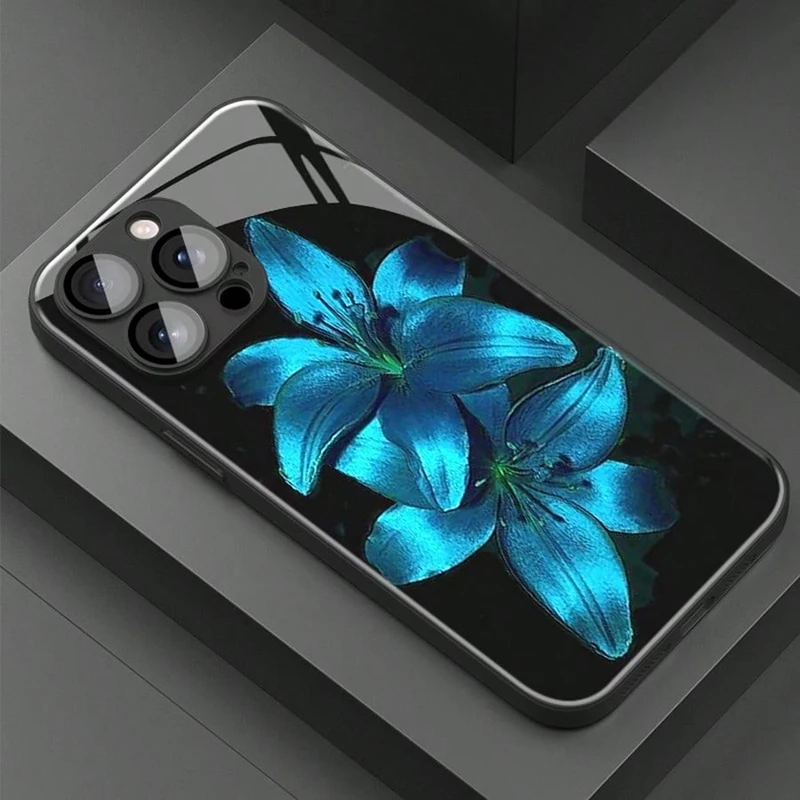 

Elegant Blue Lily Floral Glass Material Phone Case For iPhone 11 12 13 14 15 16 17 Pro Max 17Air 16E 7 8 Plus XR XS X Cover