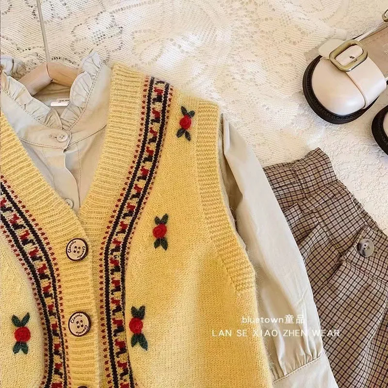 UNITIM 2026 Herbst Kinder Mädchen Strickweste V-Ausschnitt Stickerei Weste für Kinder Mädchen 2-8 Jahre Baby Mädchen Ärmelloser Pullover – Detail 3