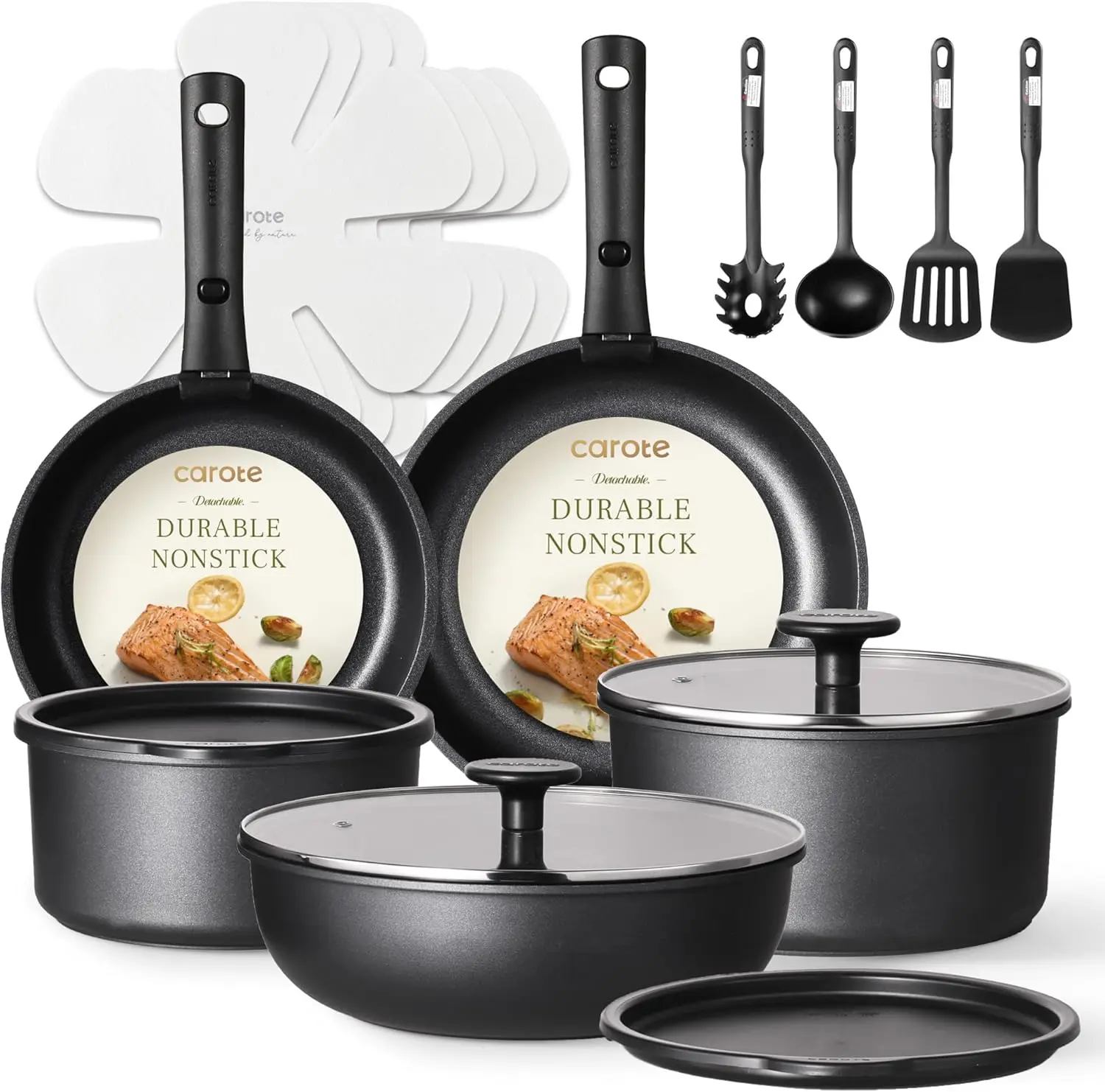 

19-Piece Non-Stick Cookware Set with Detachable Handle, Induction Compatible, Oven Safe, Black for RV and Home Kitchen