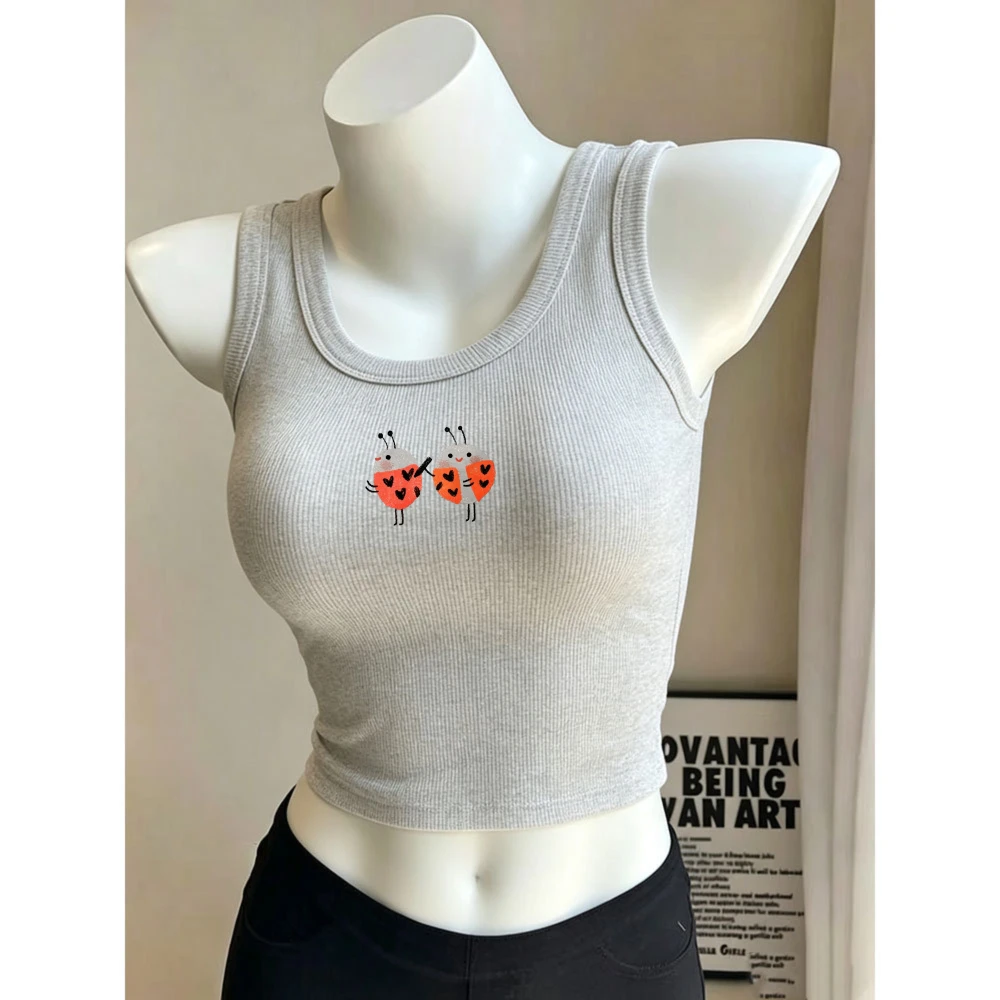 Two Heart Spot Ladybugs Funny Cartoon Y2K Top Camisole Ribbed Tank Tops Slim Fit Crop Top Sleeveless Crew Neck Cropped Cami Vest