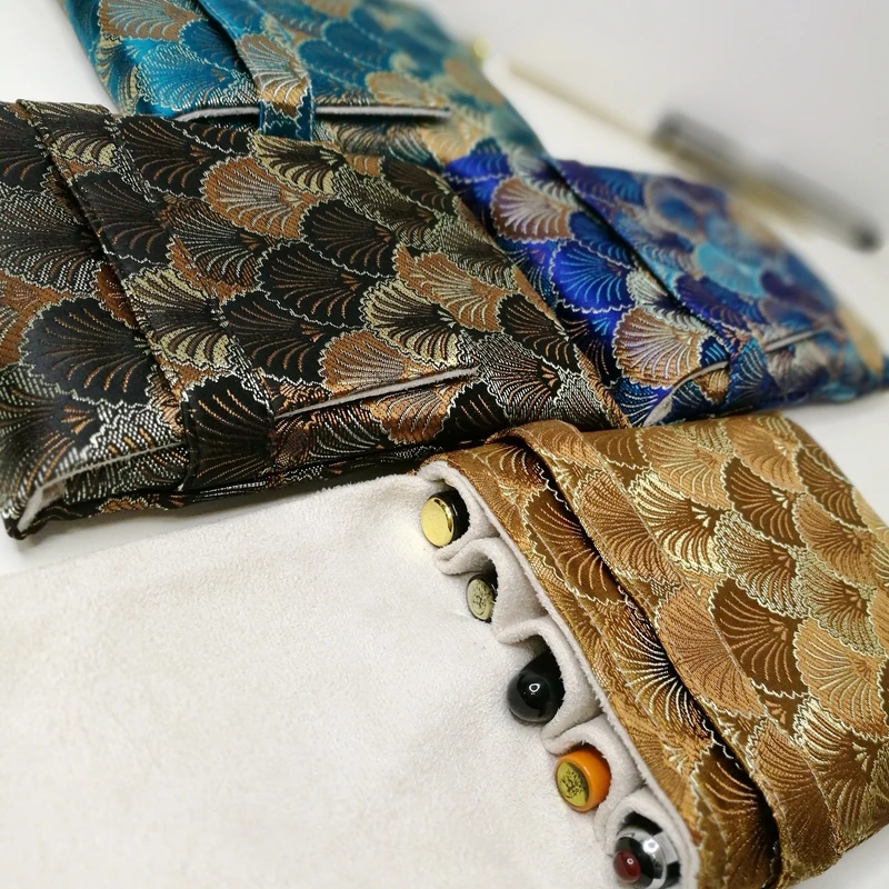 High Quality Chinese Style Woven Brocade Pen Bag, 5 holes Pen Storage Bag, Foldable Portable Pen Bag, Fish Scale Jacquard 3102