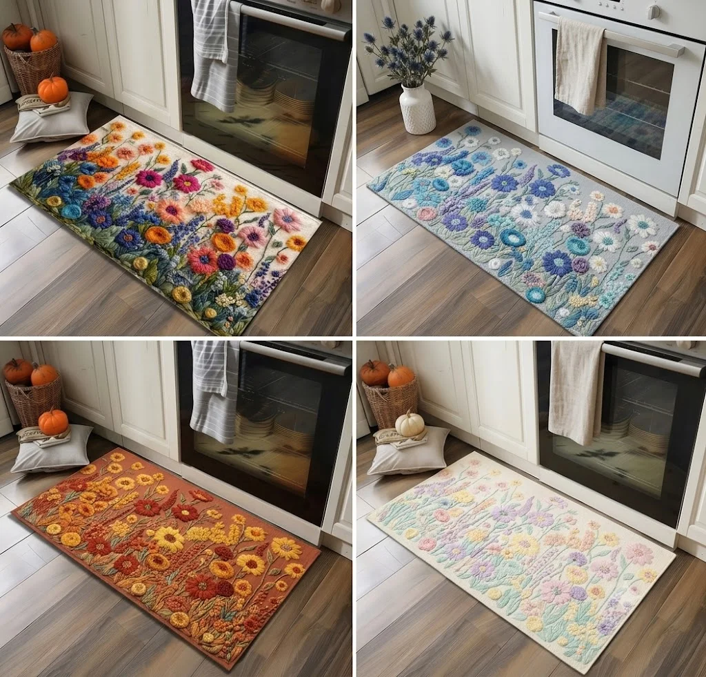 4 Pack Embossed Wild Flower Print Kitchen Rug Non Slip Absorbent Farmhouse Floor Mat