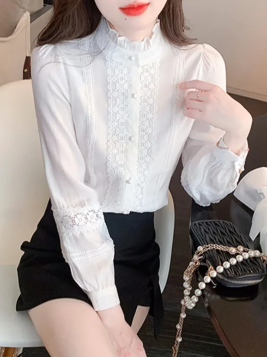 

Lace Collar Long Sve Women's irt Spring Autumn Winter Sle Polyester Fiber Straight Cut Single Piece Pure Color Faion...