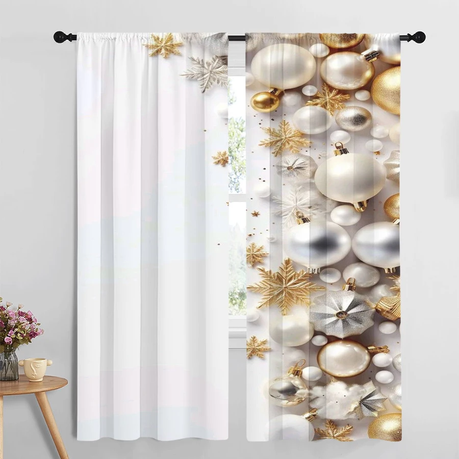 2PCS White Gold Christmas Ball Curtains, Snowflake Ornaments Elegant Winter Holiday Window Drapes for Bedroom Living Room