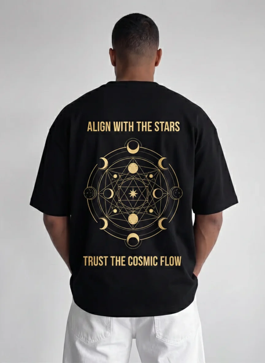 

Celestial Mandala Graphic Tee Black Printed Tee Gold Moon Phases Star Geometry Astrology Inspired Unisex Top Streetwear Casual