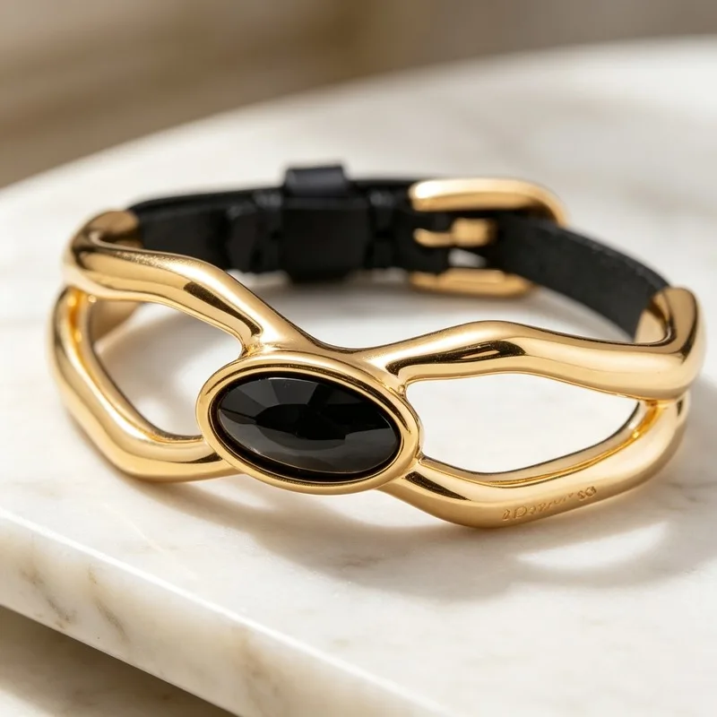 Gold Tone Alloy Hollow Frame Cuff Bracelet with Black Gemstone Leather Adjustable Strap for Women Chic Jewelry Gift