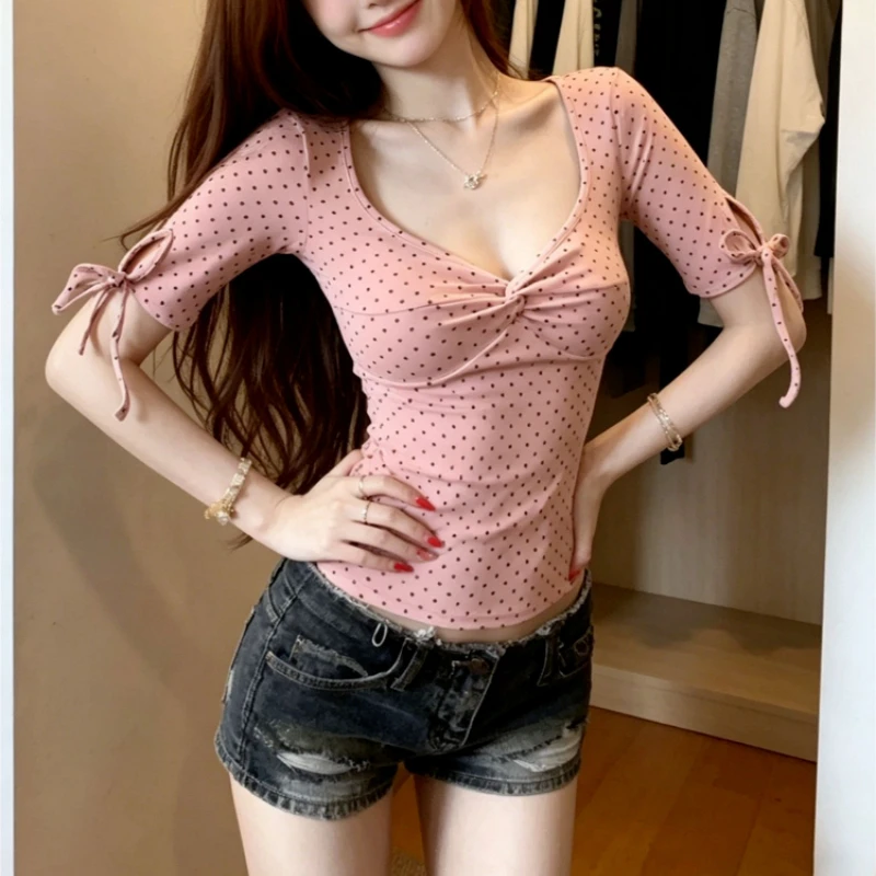 Korea Chic Polka Dot V Neck Tie T-shirt Slim Short Spice Girls Pure Desire Tshirts French Hot Sell Y2k Korea Chic Ins Top