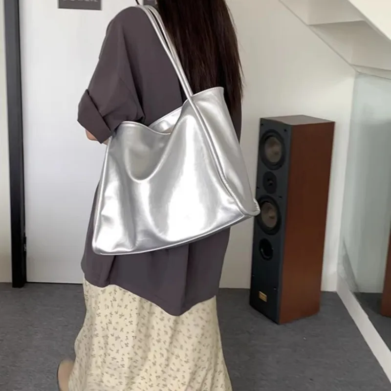 Xiuya tas jinjing wanita mode perak, tas bahu wanita Vintage warna polos musim panas, tas Tote indah Harajuku