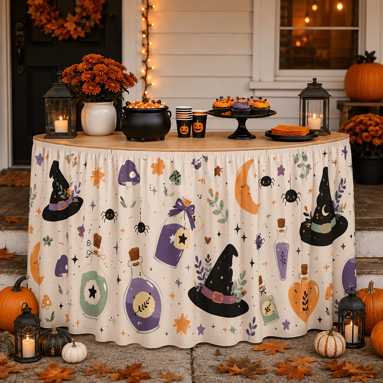 Cute Witch Halloween Table Dress with Floral Cartoon Print in Cream Color Background for Autumn Witch Party Decorationxzj