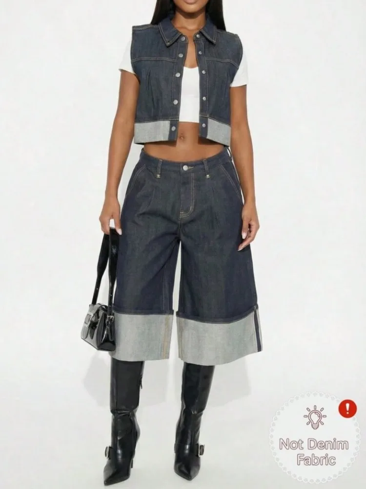 Women Fashion 2 Piece Outfit Sleeveless Lapel Patchwork Cropped Vest & High Waist Patchwork Wide Leg Capri Pants Set Streetwear Casual Matching Suit