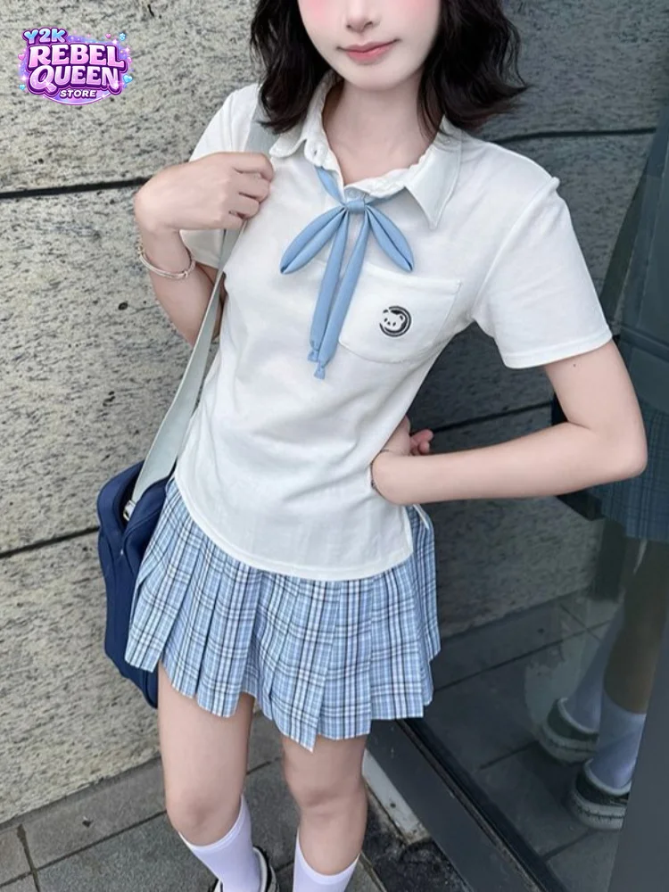 

Japanese Preppy Kawaii JK 2 Piece Set Women Slim Fit Polo Neck Bow Top Blue Plaid Pleated Mini Skirt School Casual Daily Outfit