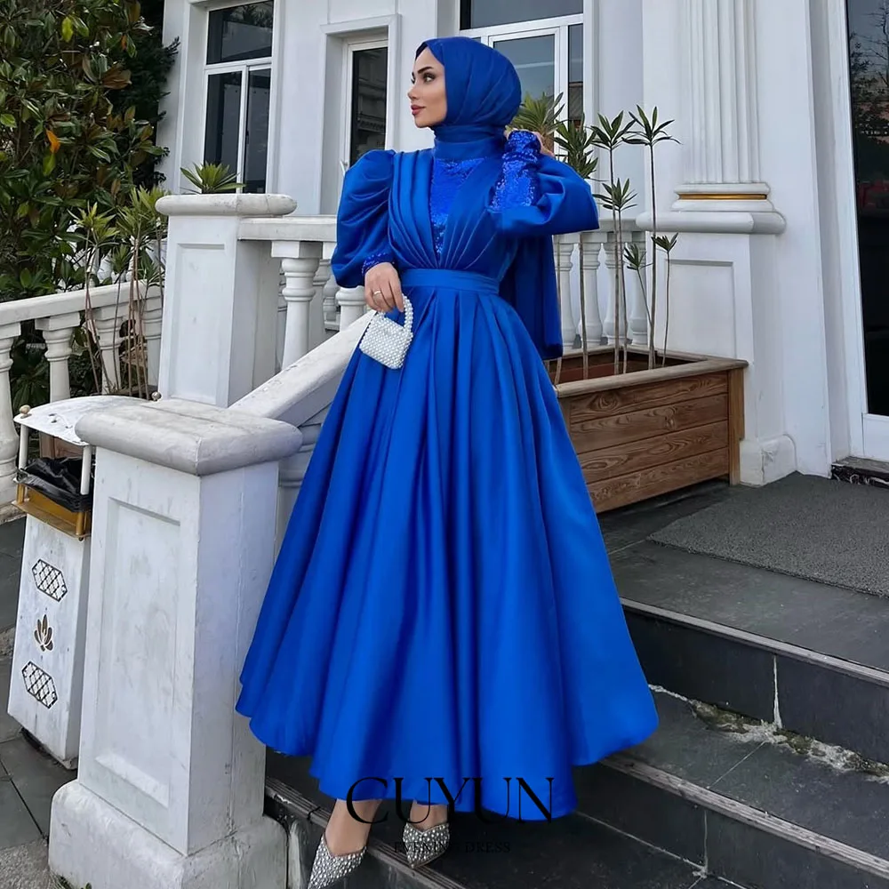 CUYUN Королевские синие мусульманские платья для выпускного вечера по индивидуальному заказу, драпированное вечернее платье с высоким воротником и длинными рукавами, Саудовское платье для торжественного случая