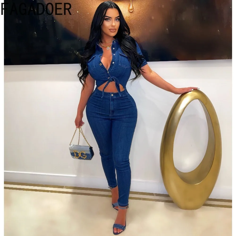 FAGADOER Fashion Bodycon Button Hollow Denim Jumpsuits Women Turndown Collar Button Skinny Pants Playsuit Female Cowboy Overalls