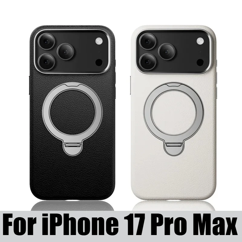 

Business Sle 360° Rotating Magnetic Kickstand Lychee Leather Case For IPhone 17 Pro Max 17Pro Top Layer Cowhide Shockproof Cover