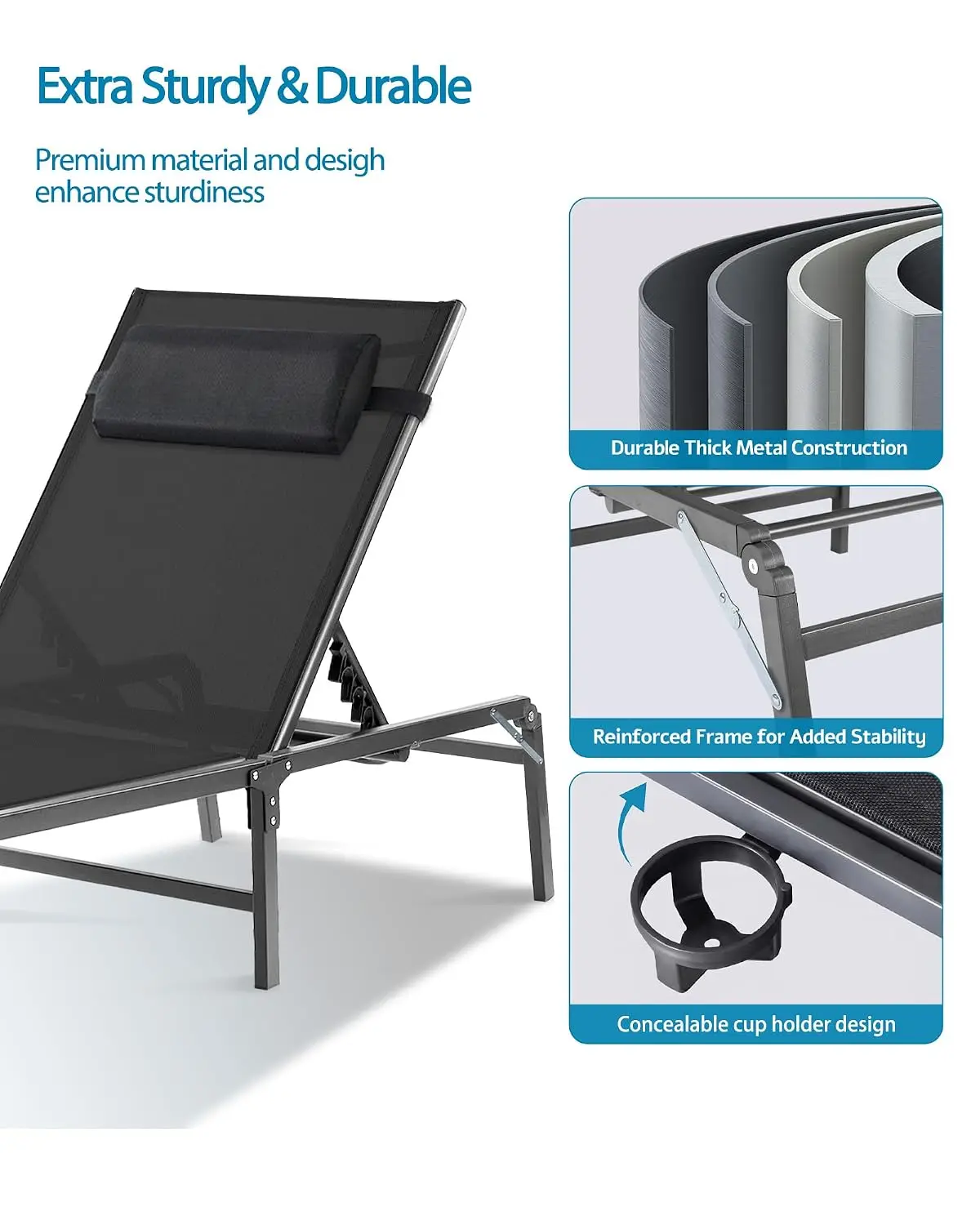 Foldable Chaise Lounge 2 Pack with Cup Holder, Assemble-Free Outdoor Lounge with Detachable Pillow  Customized