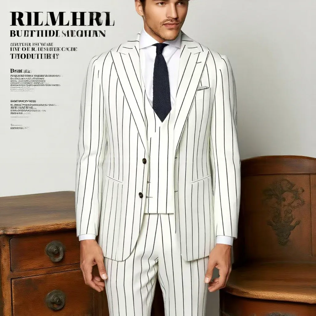

Fashion Striped Men Suits 3 Piece (Blazer+Vest+Pants) Chic Peaked Lapel Groom Wedding Tuxedos Office Formal Business Daily Suit