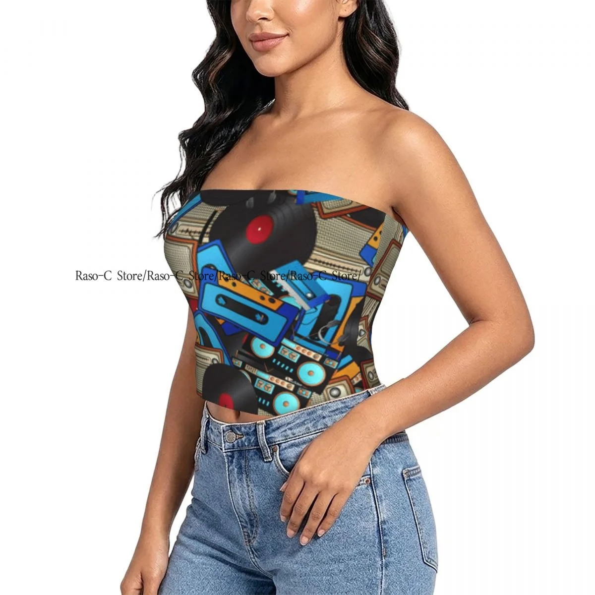 Women strapless blouses sleeveless Retro Hipster Music Audio Cassette Players And Tape halter-neck sexy short-sleeved blouses