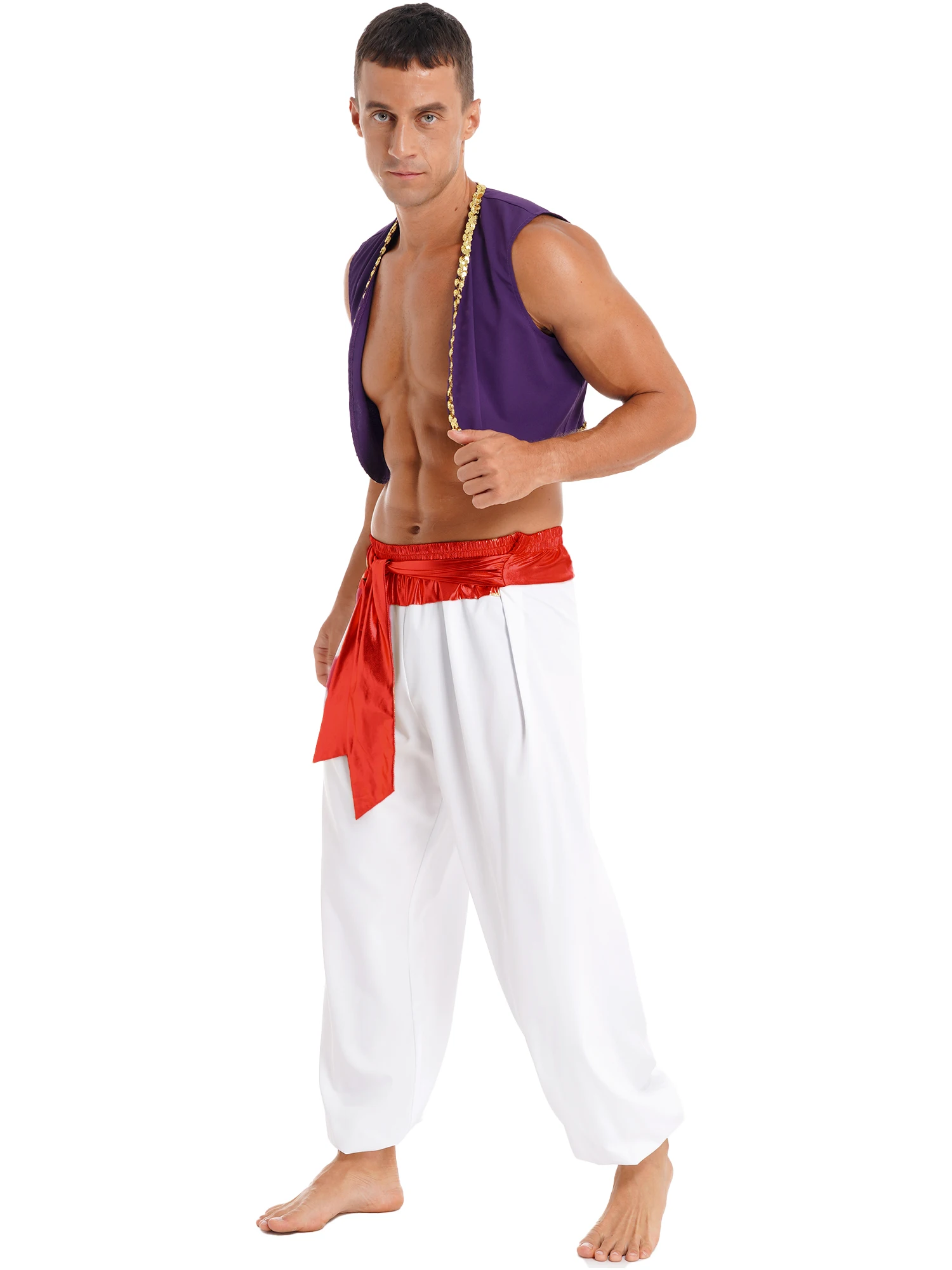 Mens Arabian Prince Lamp Costume Halloween Adult Persian Role Play Outfit 2 Pieces Open Front Vest with Harem Pants