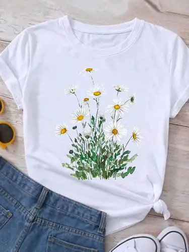 Imagen 1 del producto Camiseta con estampado de flores para mujer, ropa informal de manga corta, bonita y encantadora, moda de verano