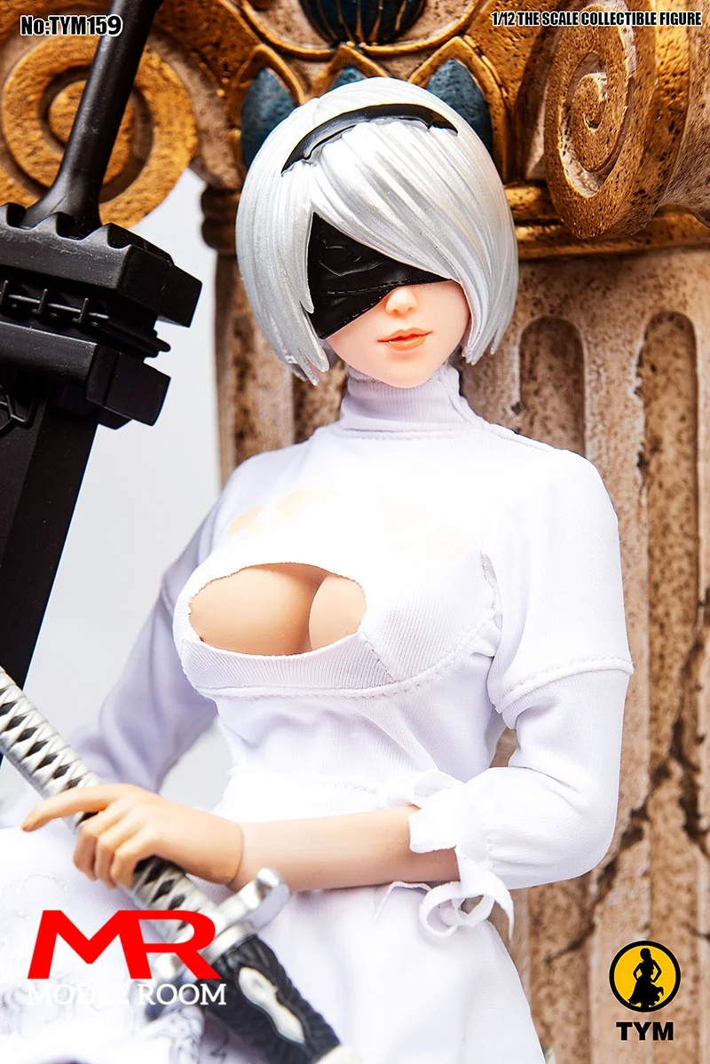 TYM159 1/12 2B Girl White Black Dress Head Sculpt Knife Model Cosplay Clothes Props Fit 6'' Female Soldier Action Figure Body