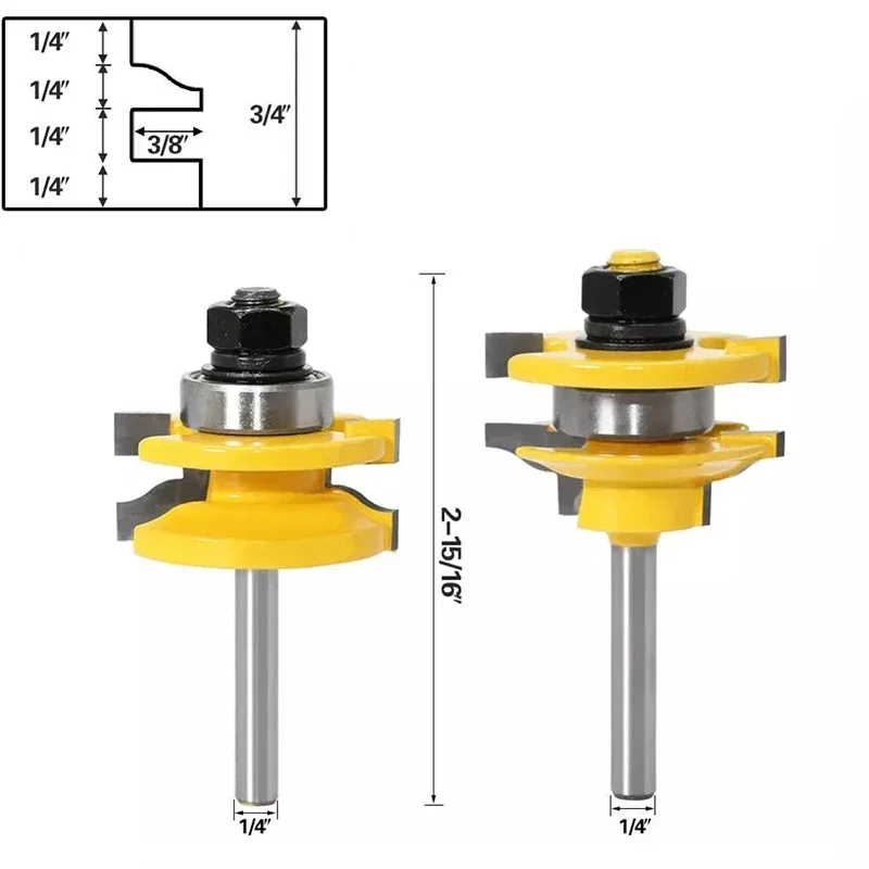 1/4" 2pcs Rail and Stile Router Bit Set Door Window Woodworking Knife Tenon Cutter for Wood Milling Machine Tools