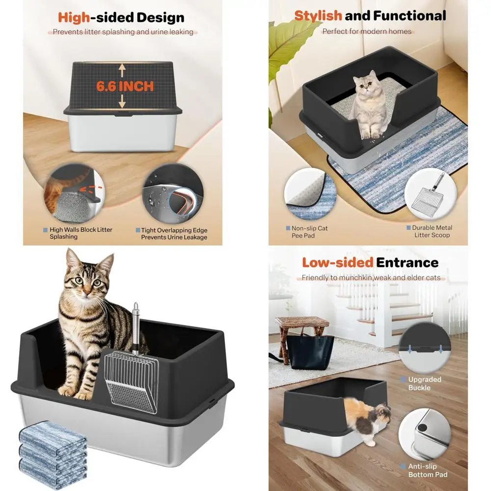 

Extra Large Black Metal Litter Box with Lid and Scoop for Large Cats, Easy Clean, Anti-Leakage