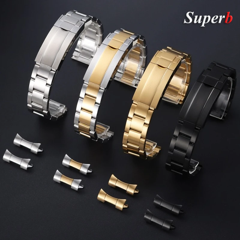 منحني نهاية سوار ساعة 20 مللي متر ل رولكس الغواصة دايتونا GMT الرجال للطي المشبك الفاخرة الصلبة الفولاذ المقاوم للصدأ حزام ساعة اليد
