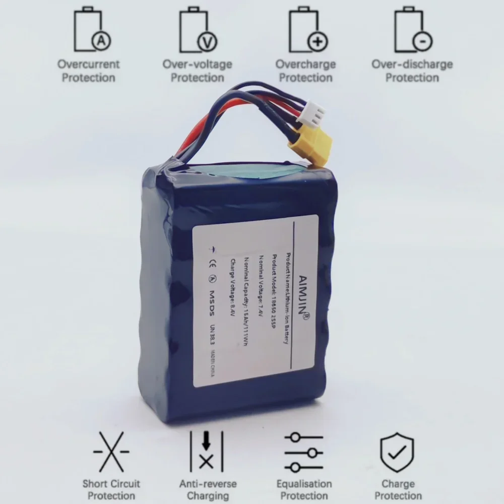 

2S5P 7.4V 15A 18650 lithium battery pack 15000mAh high current, high power battery for built-in BMS UAV model electric toy