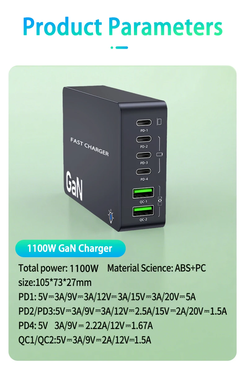 1100 W GaN 6-Ports USB C Ladegerät 100 W PPS Schnellladestation für Samsung iPhone Laptop Tablet MacBook Typ C PD Schreibtischladegeräte – Detail 15